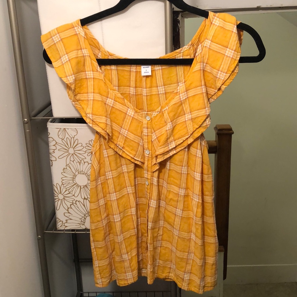 Old Navy Plaid Mustard Yellow Button Down top - Picture 2 of 4
